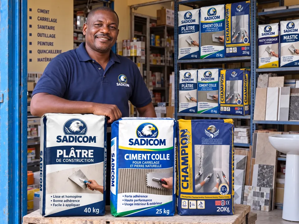 Un revendeur dans son magasin, avec plusieurs produits Sadicom en rayon — scène illustrative