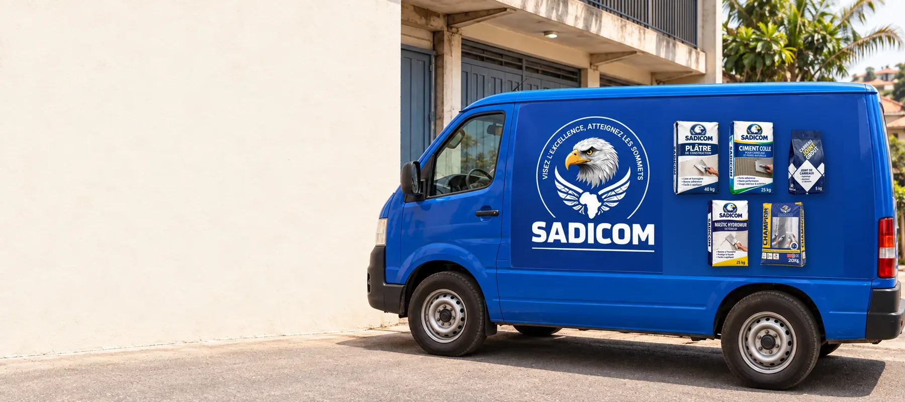 Camionnette Sadicom habillée avec la gamme de produits, dans un décor commercial guinéen illustratif