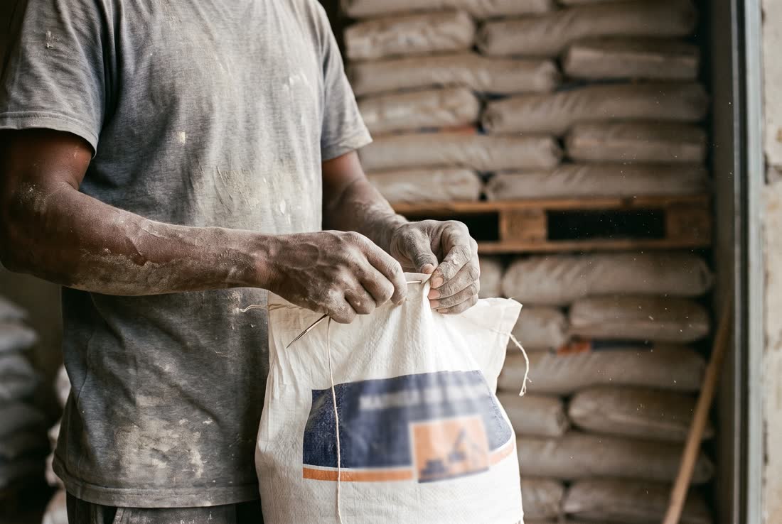 Les mains d'un magasinier refermant un sac de plâtre de 40 kg au dépôt