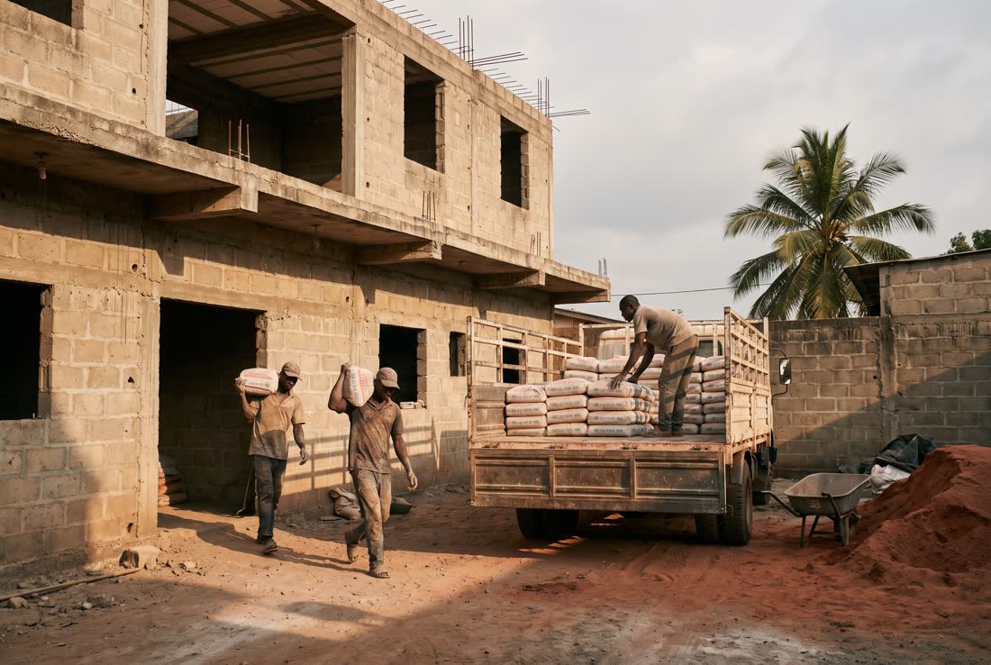 Déchargement de sacs depuis un camion dans la cour d'une maison en construction à Conakry