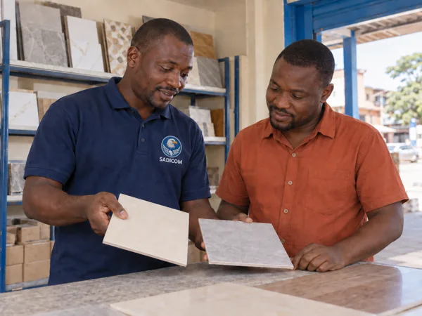Un conseiller présente des carreaux à un client, scène illustrative
